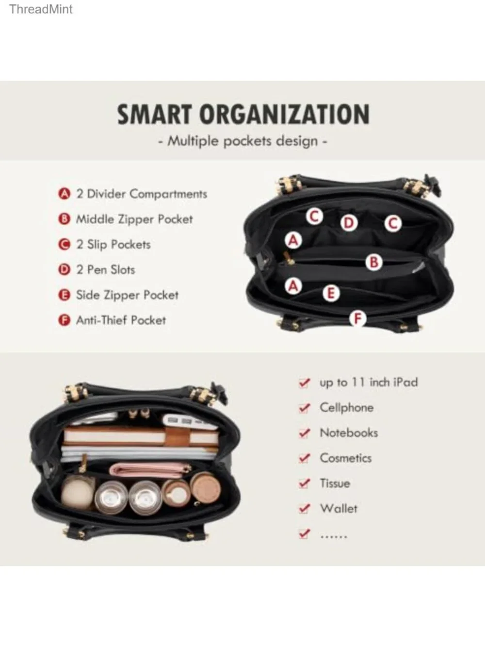 Waterproof PU Leather Satchel Handbag for Women with Detachable Strap